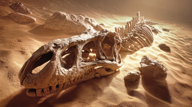 An ancient dinosaur skeleton rests in sand surrounded by rocks.