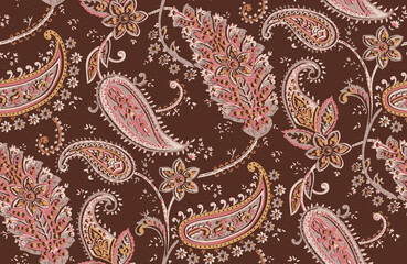 Seamless repeating pattern with paisley motifs placed at different angles, balanced by smaller floral elements and filler © Venkatsai