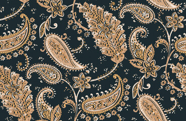 Seamless repeating pattern with paisley motifs placed at different angles, balanced by smaller floral elements and filler © Venkatsai