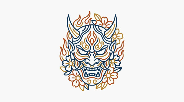 Japanese Hannya mask vector illustration featuring a traditional demon face with horns, fangs, and scowling expression, surrounded by cherry blossoms and stylized fire flames.