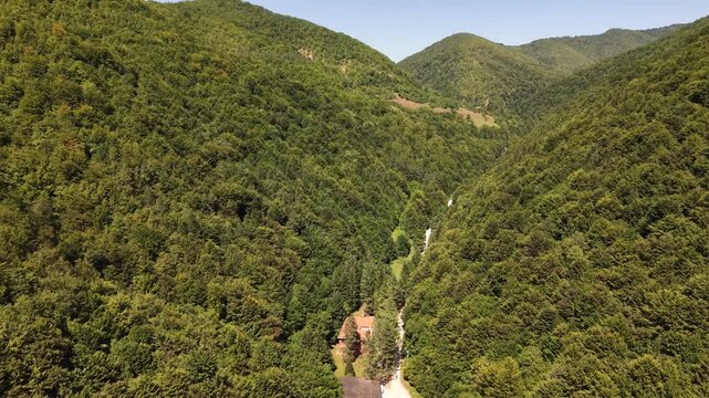 Aerial Landscape View Winding Dirt Road Through Deep Forest Valley Mountain Wilderness