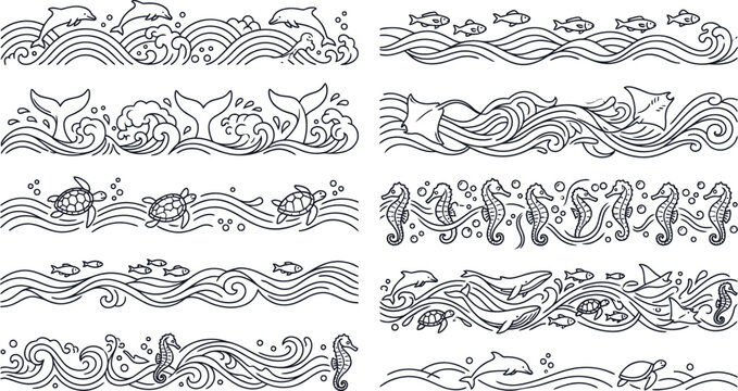 Marine life seamless border patterns with ocean waves and sea creatures outline vector set