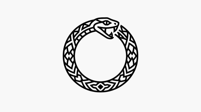 Minimalist black and white Ouroboros symbol featuring a serpent or snake biting its own tail in a circular loop, geometric line art icon isolated on a plain white background.