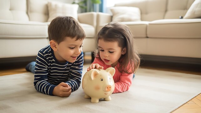 Young siblings learning about saving money with a piggy bank together at home