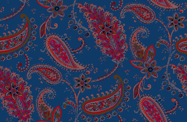 Seamless repeating pattern with paisley motifs placed at different angles, balanced by smaller floral elements and filler © Venkatsai
