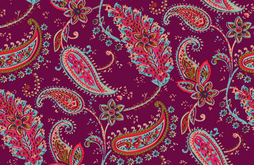 Seamless repeating pattern with paisley motifs placed at different angles, balanced by smaller floral elements and filler © Venkatsai