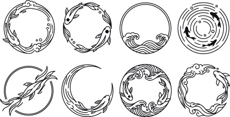 Fototapeta premium Round frames with koi fish and water waves vector set in black line art style for badges