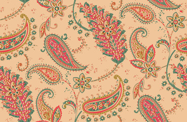 Seamless repeating pattern with paisley motifs placed at different angles, balanced by smaller floral elements and filler © Venkatsai