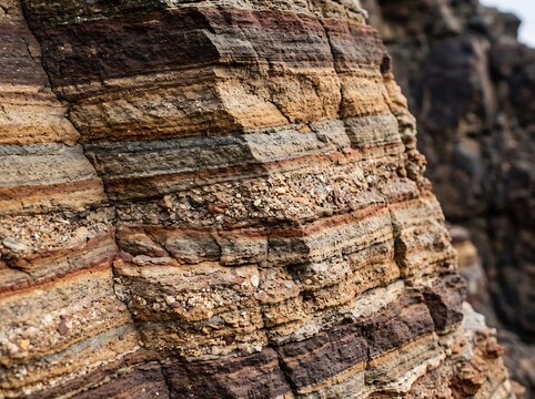 Sedimentary rock layers cross section showing geological strata and natural mineral deposits