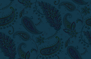 Seamless repeating pattern with paisley motifs placed at different angles, balanced by smaller floral elements and filler © Venkatsai