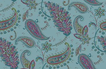 Seamless repeating pattern with paisley motifs placed at different angles, balanced by smaller floral elements and filler © Venkatsai