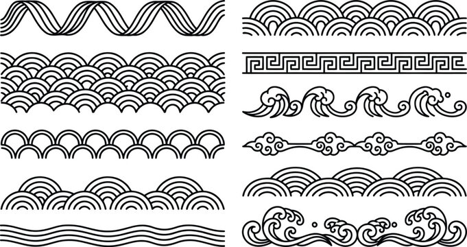 Set of black traditional oriental border wave designs on transparent background for asian frame templates
