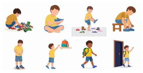 Fototapeta premium Little boy getting ready for school, choosing shoes, tying laces, and putting on backpack vector illustration set