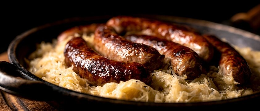 Cast-iron skillet holds sausages over sauerkraut, ready to eat