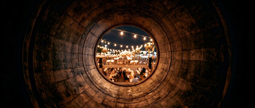 Circular tunnel opening reveals illuminated outdoor festival crowd at night