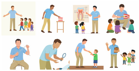 Fototapeta premium Vector illustration set of a dentist teaching children about oral hygiene, tooth anatomy, and dental care