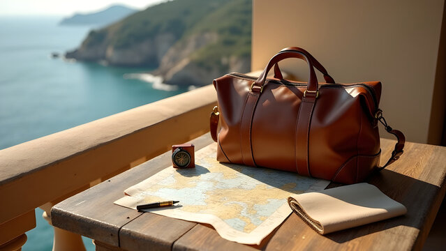 Viaje de lujo a trav&eacute;s del mar: Bolso de cuero marr&oacute;n y mapa en terraza frente al mar
