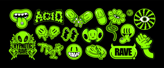 Naklejka premium Acid trippy rave sticker pack. Melting smile faces pills, alien and devil mascots for hypnotic techno festival design. Vector set