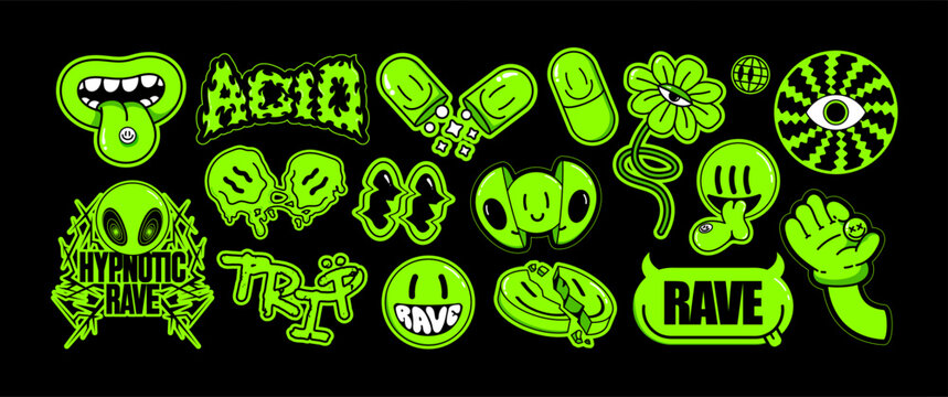 Acid trippy rave sticker pack. Melting smile faces pills, alien and devil mascots for hypnotic techno festival design. Vector set