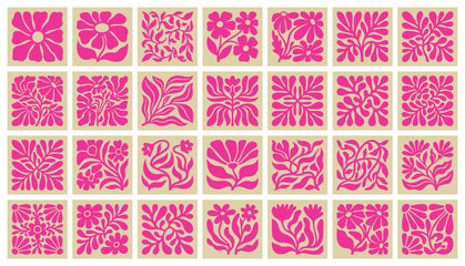 Obraz premium Pink floral block print tile set. abstract meadow flower silhouettes, rustic botanical stamps, leaf badges. for feminine artisan packaging, craft brand label. flat square vector graphic arts.