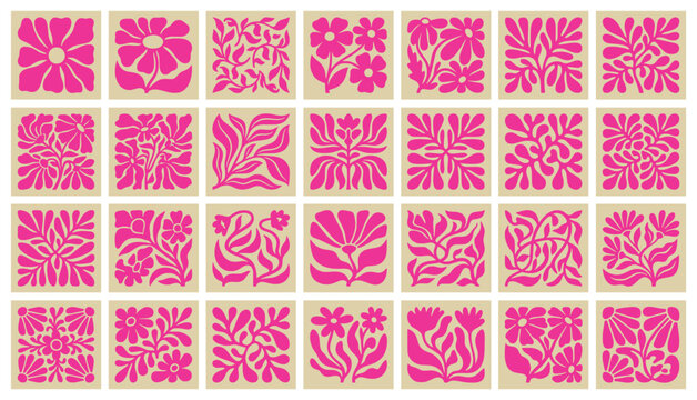 Pink floral block print tile set. abstract meadow flower silhouettes, rustic botanical stamps, leaf badges. for feminine artisan packaging, craft brand label. flat square vector graphic arts.