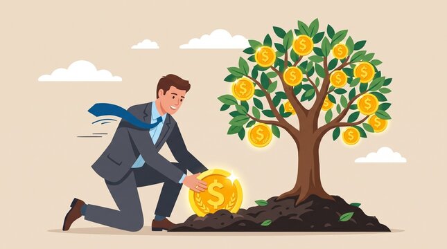 Man pushing lemon tree gold bar business illustration