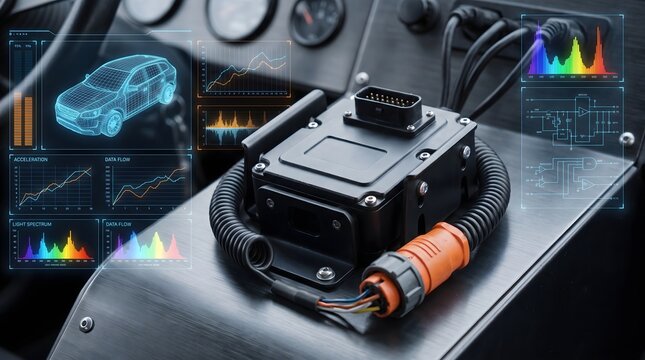 Electronic control unit ecu on dashboard with digital car diagnostics.