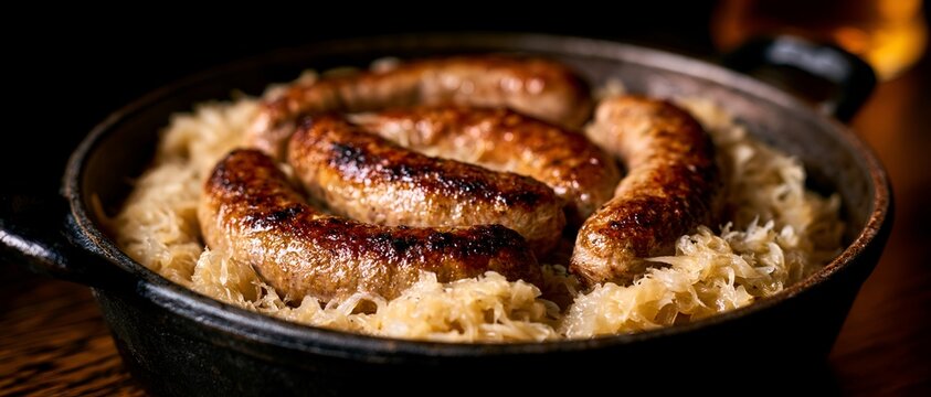 Hearty German-style sausage and sauerkraut in cast iron pan