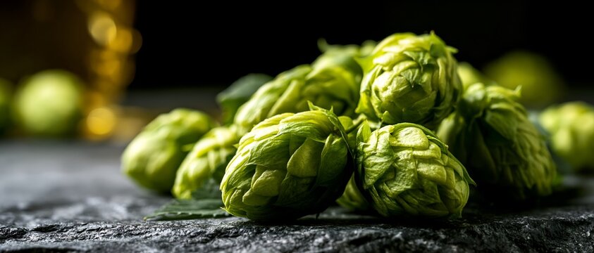 Hop cones on dark slate with shallow depth of field