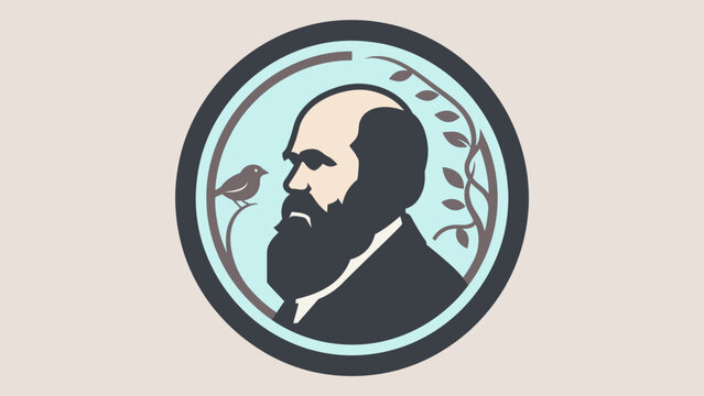 Minimalist circular emblem portrait of naturalist Charles Darwin with a finch bird and leaves. Ideal vector design for biology textbooks, science education, museum posters, and web banners.