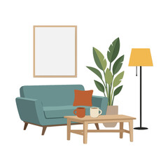 Fototapeta premium Living room interior featuring a comfortable blue sofa, wooden coffee table with two mugs, tall potted houseplant, floor lamp, and wall picture frame on a plain background.