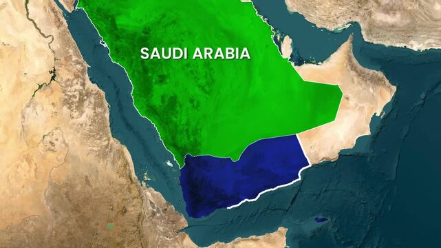 Saudi Arabia and Yemen geographic map animation showing regional border motion