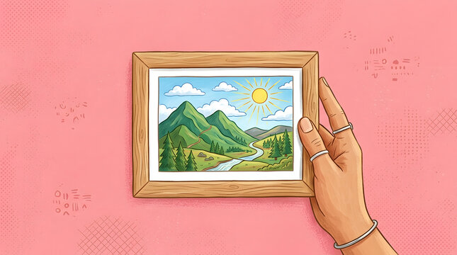 Hand holding framed mountain landscape painting featuring green rolling hills sunny sky and winding river scenery.