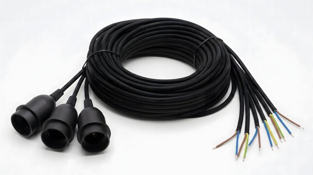 Roll of black electrical cable with three lamp holders and wires.