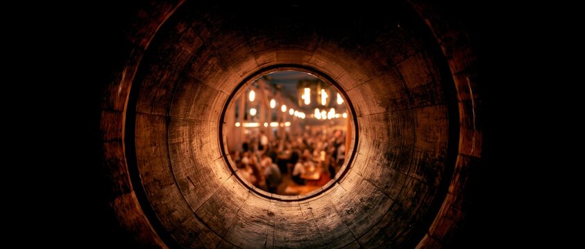 Tunnel shot frames festive gathering lit by warm lanterns