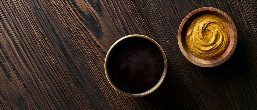 Top-down view of two bowls on wooden surface