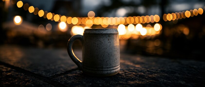 Warm evening scene with mug resting on textured stone under string lights