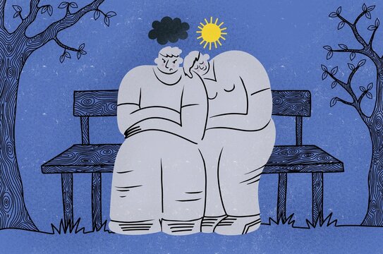 Opposite moods on a park bench