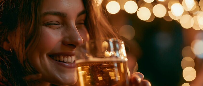 Young woman laughs while drinking beer at night