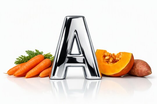 Shiny metallic letter a with carrots pumpkin and sweet potato for healthy food background and nutrition banner design