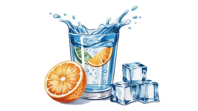 Glass of cold orange water with ice cubes and splash