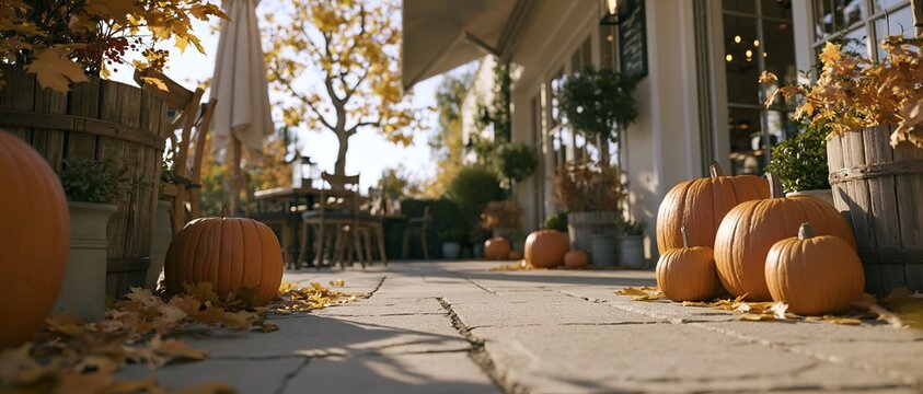 Autumnal outdoor porch with pumpkins, fallen leaves, and wooden furniture