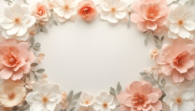 Elegant handmade paper flowers arranged as a delicate decorative frame around a large clean central space, pastel layered petals, subtle paper texture, soft natural shadows, minimal greeting card comp