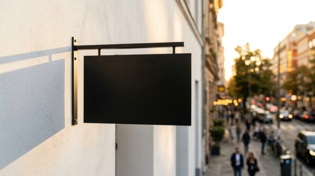 Black Rectangular Sign Hung Outdoors on Building Facade Near Street with Soft Sunlight