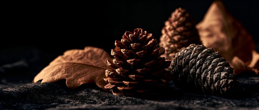 Close-up of pinecones and dried leaves on dark surface