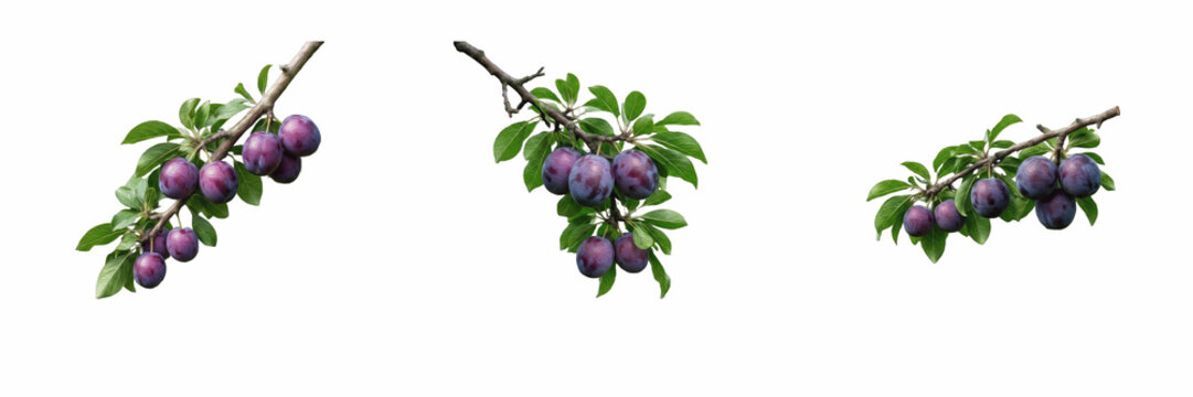 Set of fresh purple plums with green leaves on branches isolated on white background for fruit and healthy food stock photography