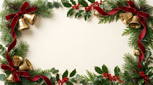 Festive christmas frame made of evergreen branches red ribbons and golden bells on white background