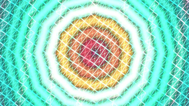 Radiant kaleidoscope floral geometry with luminous triangle lattice, layered polygon petals, vibrant pastel gradients, seamless symmetry, and futuristic looping motion background.