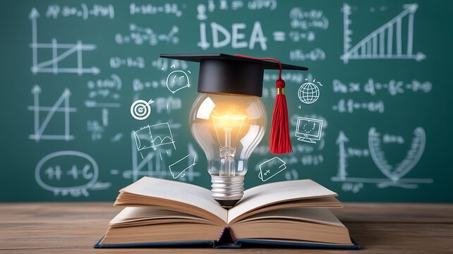 Creative science and education concept with glowing light bulb, graduation cap and open book on mathematical chalkboard