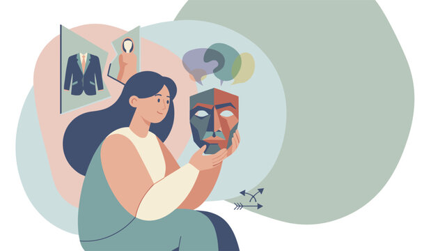 Young woman holding a dual-toned face mask while contemplating her identity and the different roles she plays in her daily life.
